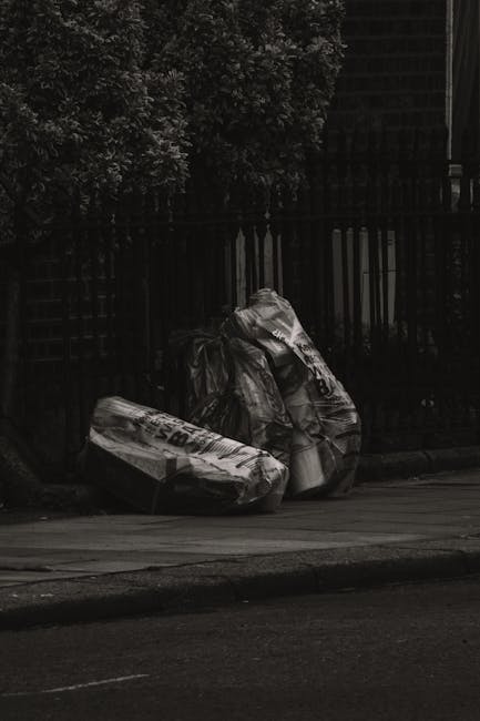 Two large black plastic rubbish bags and a cardboard box are placed on the pavement beside a wooden fence, adjacent to a curb in an outdoor urban setting. The rubbish bags are loosely gathered, with s